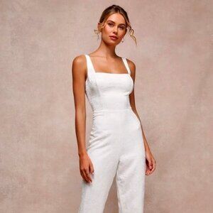 NWOT LuLus Exceptional Vision White Jacquard Removable Bow Jumpsuit